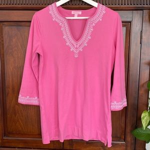 Lilly Pulitzer cotton jersey tunic pink with white embroidery detail